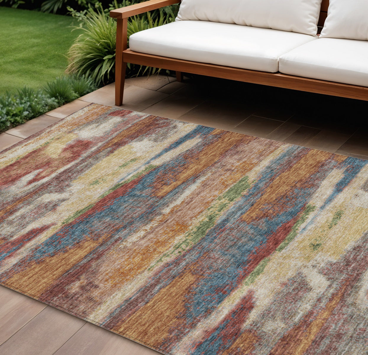 9 X 12 Orange Green And Gold Abstract Washable Indoor Outdoor Area Rug