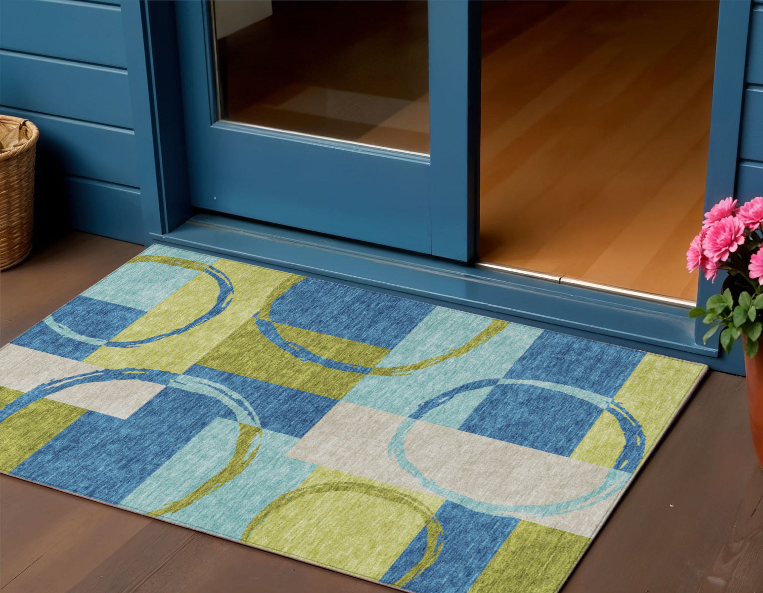 3 X 5 Denim Blue And Lime Green Geometric Washable Indoor Outdoor Area Rug