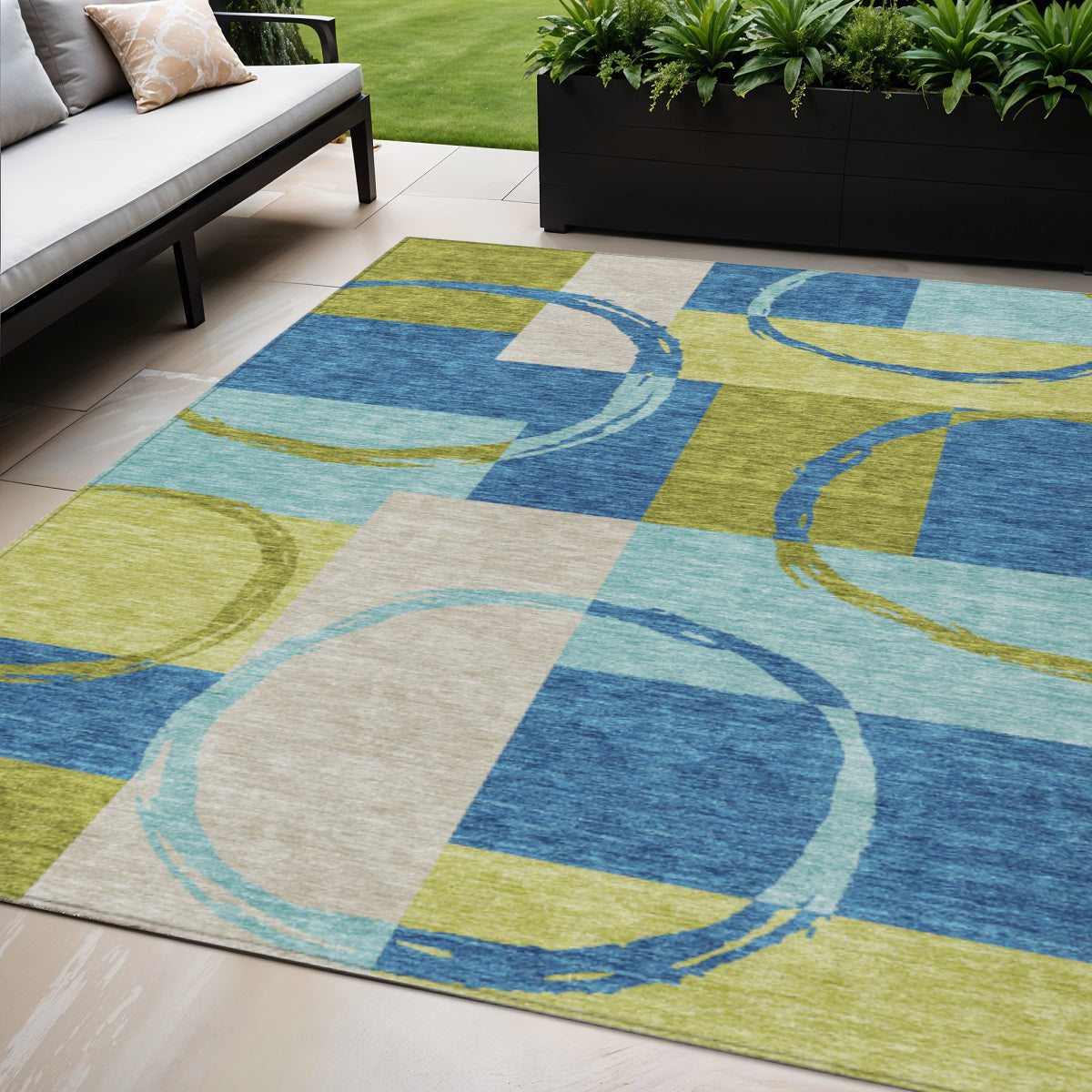 5 X 8 Denim Blue And Lime Green Geometric Washable Indoor Outdoor Area Rug