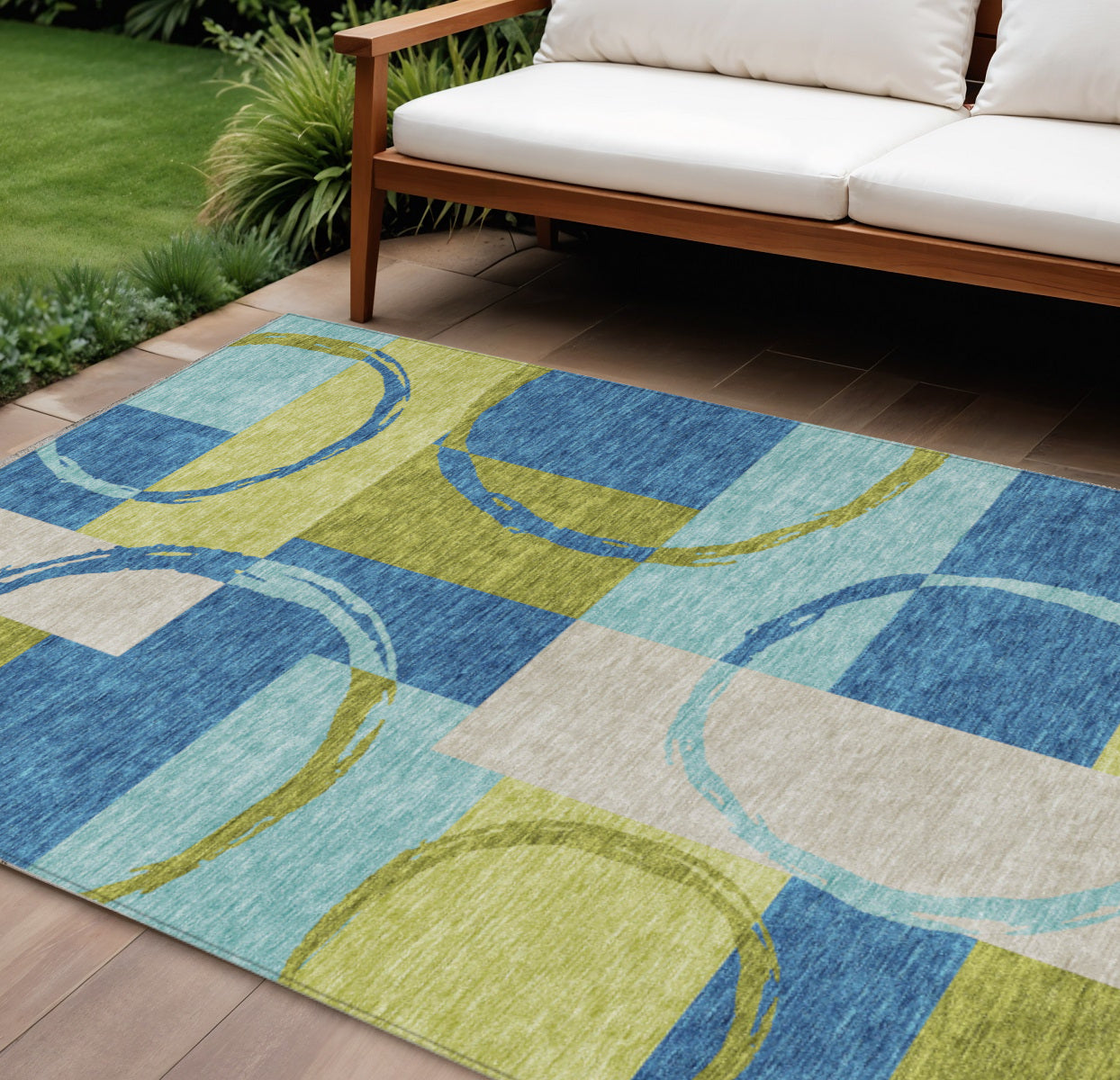 9 X 12 Denim Blue And Lime Green Geometric Washable Indoor Outdoor Area Rug