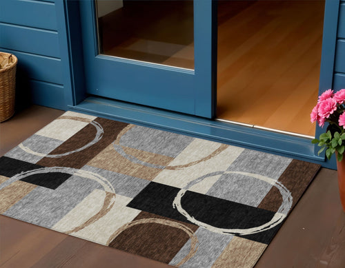 3 X 5 Pewter Gray And Black Geometric Washable Indoor Outdoor Area Rug