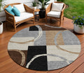 8 Pewter Gray And Black Round Geometric Washable Indoor Outdoor Area Rug