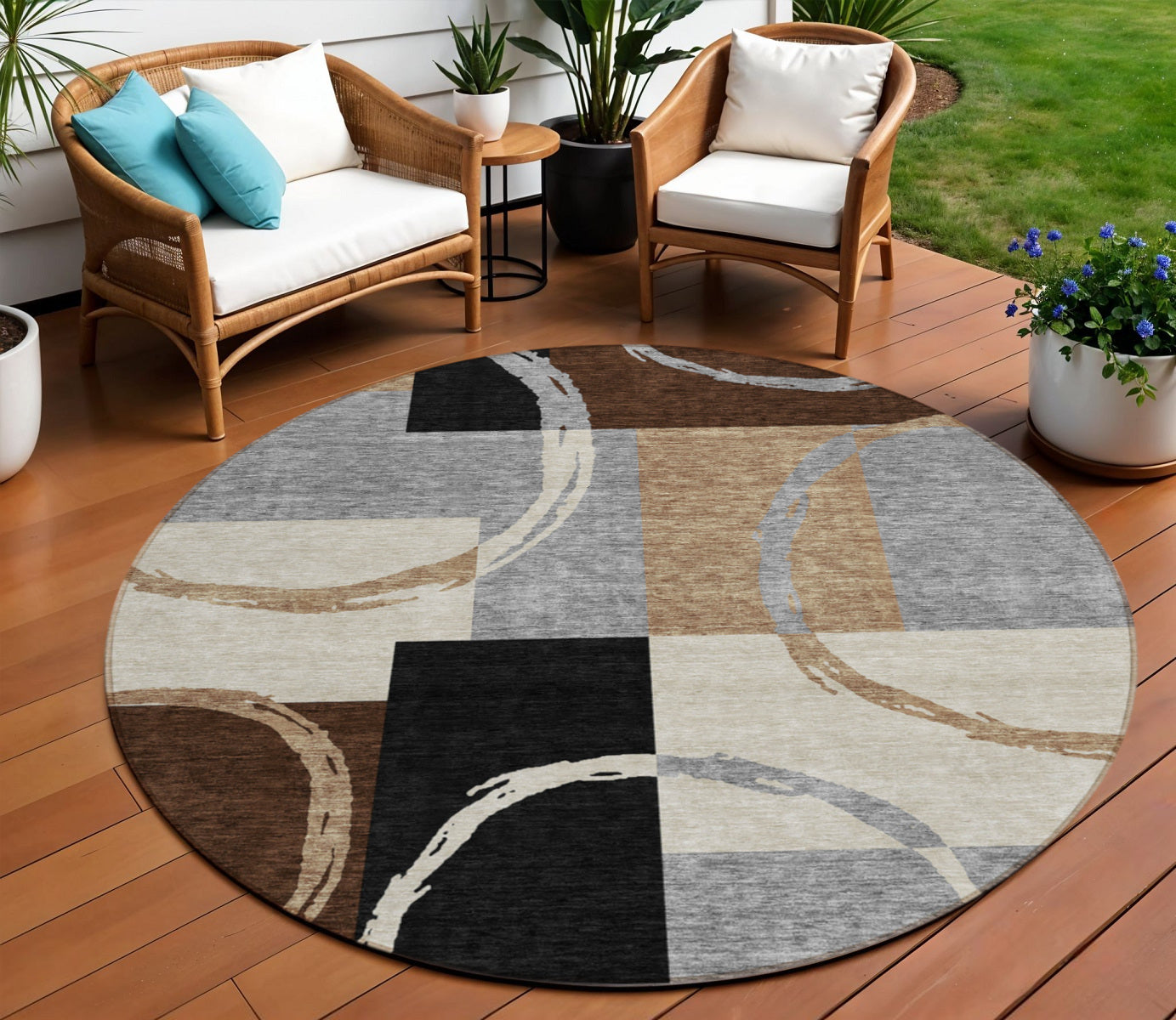 8 Pewter Gray And Black Round Geometric Washable Indoor Outdoor Area Rug