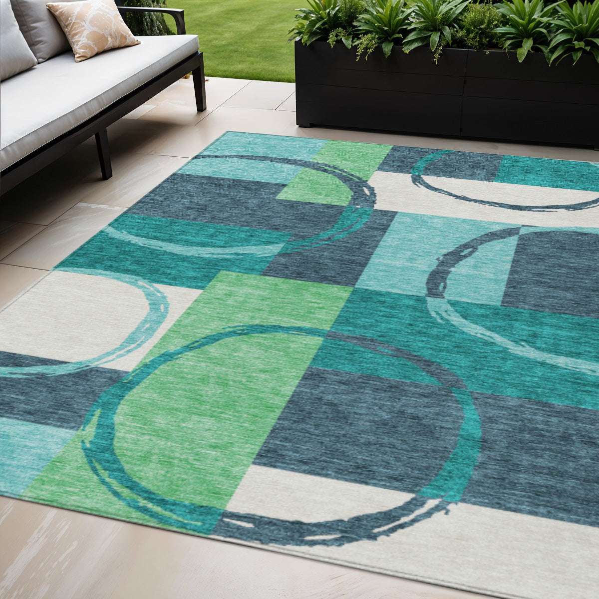 5 X 8 Teal Blue And Green Geometric Washable Indoor Outdoor Area Rug