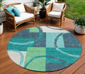 8 Teal Blue And Green Round Geometric Washable Indoor Outdoor Area Rug