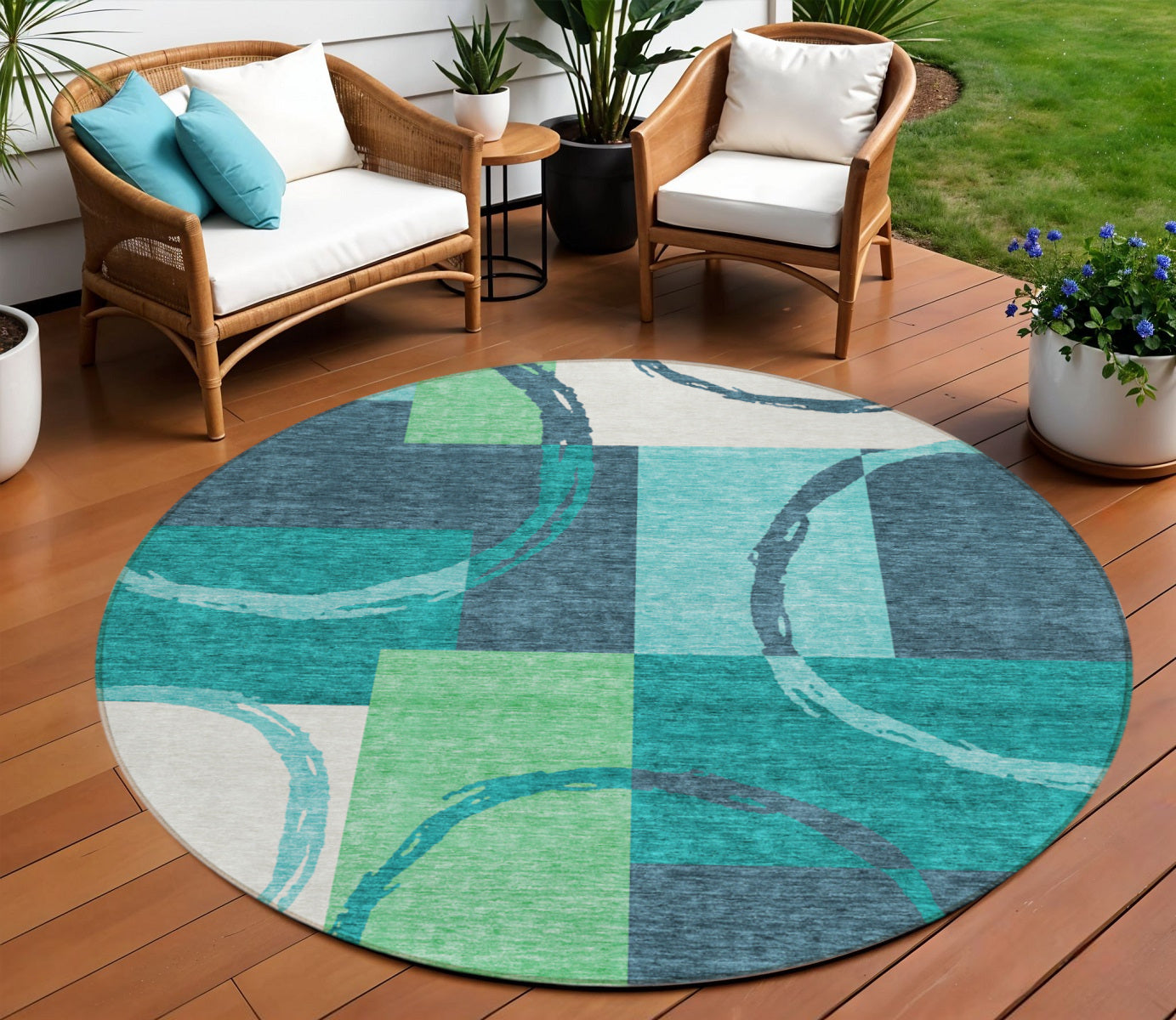 8 Teal Blue And Green Round Geometric Washable Indoor Outdoor Area Rug