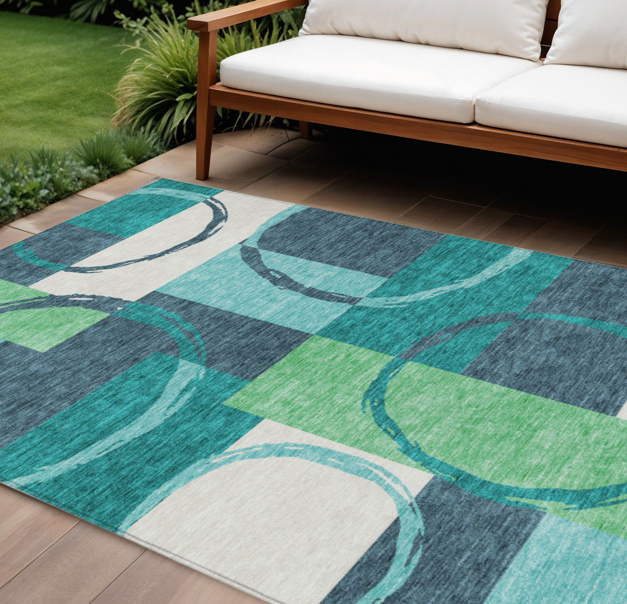 10 X 14 Teal Blue And Green Geometric Washable Indoor Outdoor Area Rug