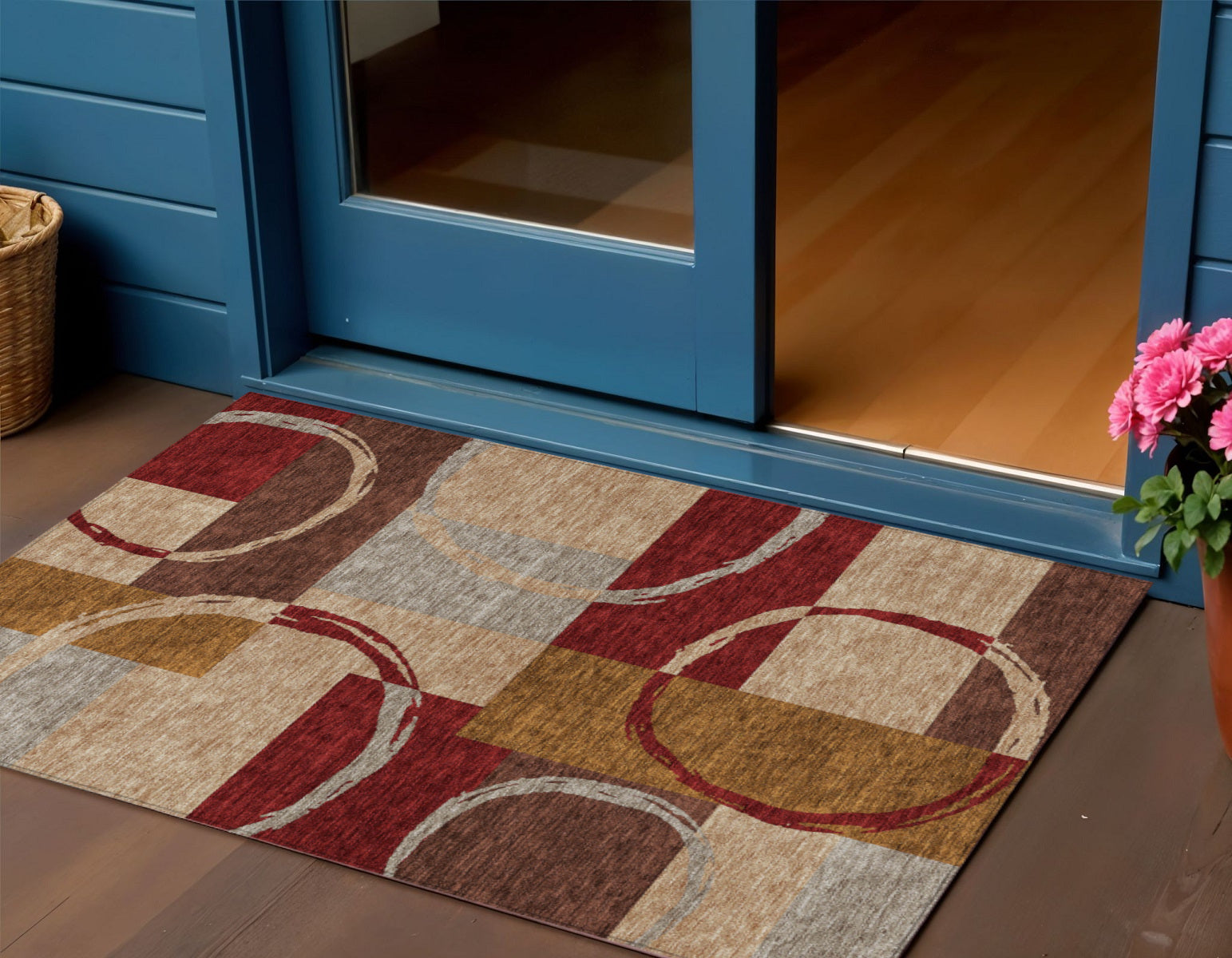 3 X 5 Wheat And Burgundy Geometric Washable Indoor Outdoor Area Rug