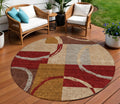 8 Wheat And Burgundy Round Geometric Washable Indoor Outdoor Area Rug