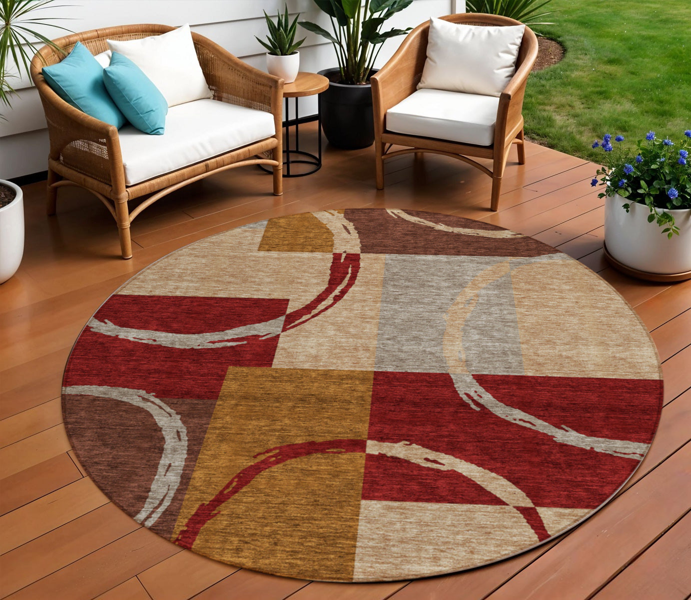 8 Wheat And Burgundy Round Geometric Washable Indoor Outdoor Area Rug