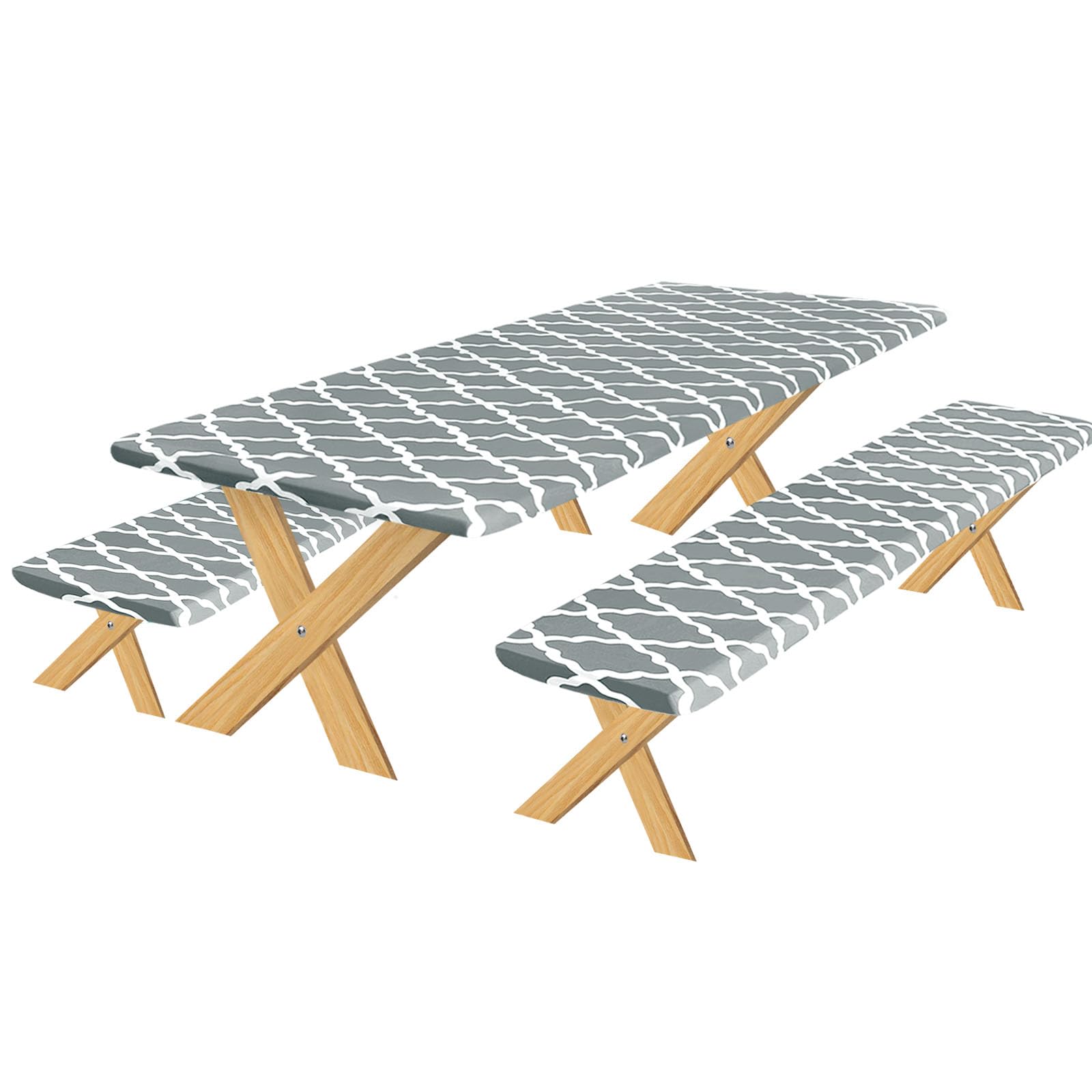 OutdoorLines Vinyl Fitted Picnic Table Cover with Bench Covers - Waterproof Camping Tablecloth for Picnic Table, Elastic Picnic 