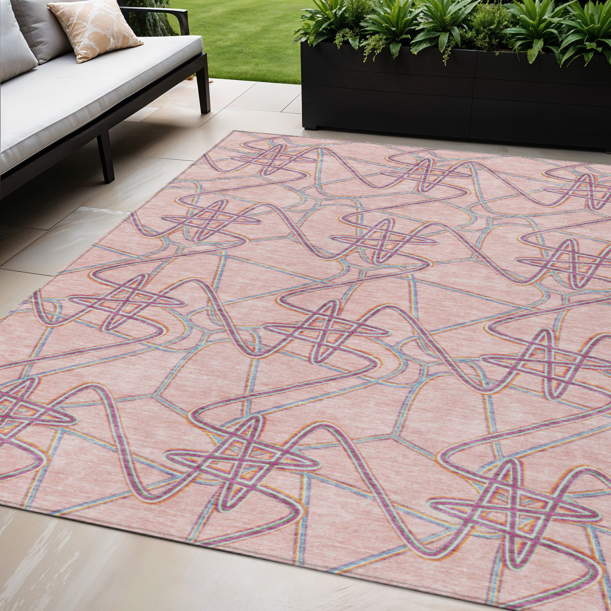 5 X 8 Pink Purple And Sky Blue Geometric Washable Indoor Outdoor Area Rug