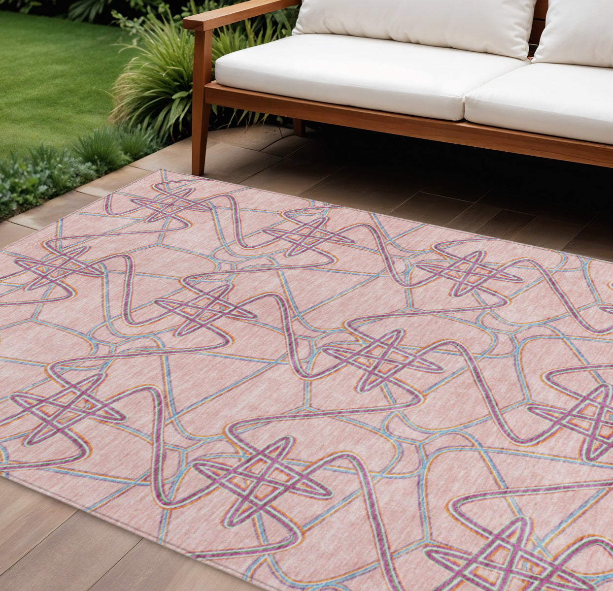 9 X 12 Pink Purple And Sky Blue Geometric Washable Indoor Outdoor Area Rug