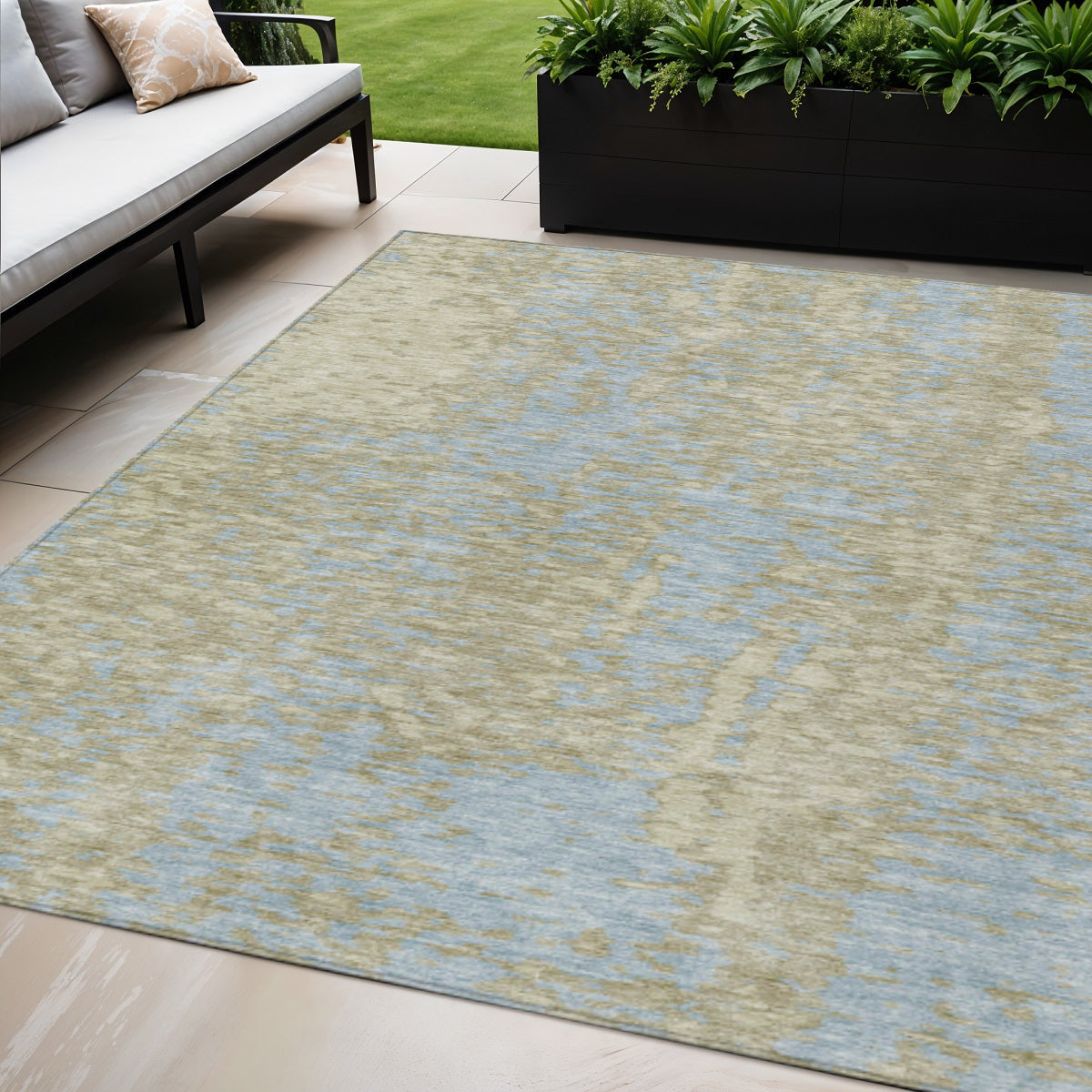 5 X 8 Beige And Blue Abstract Washable Indoor Outdoor Area Rug
