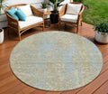 8 Beige And Blue Round Abstract Washable Indoor Outdoor Area Rug