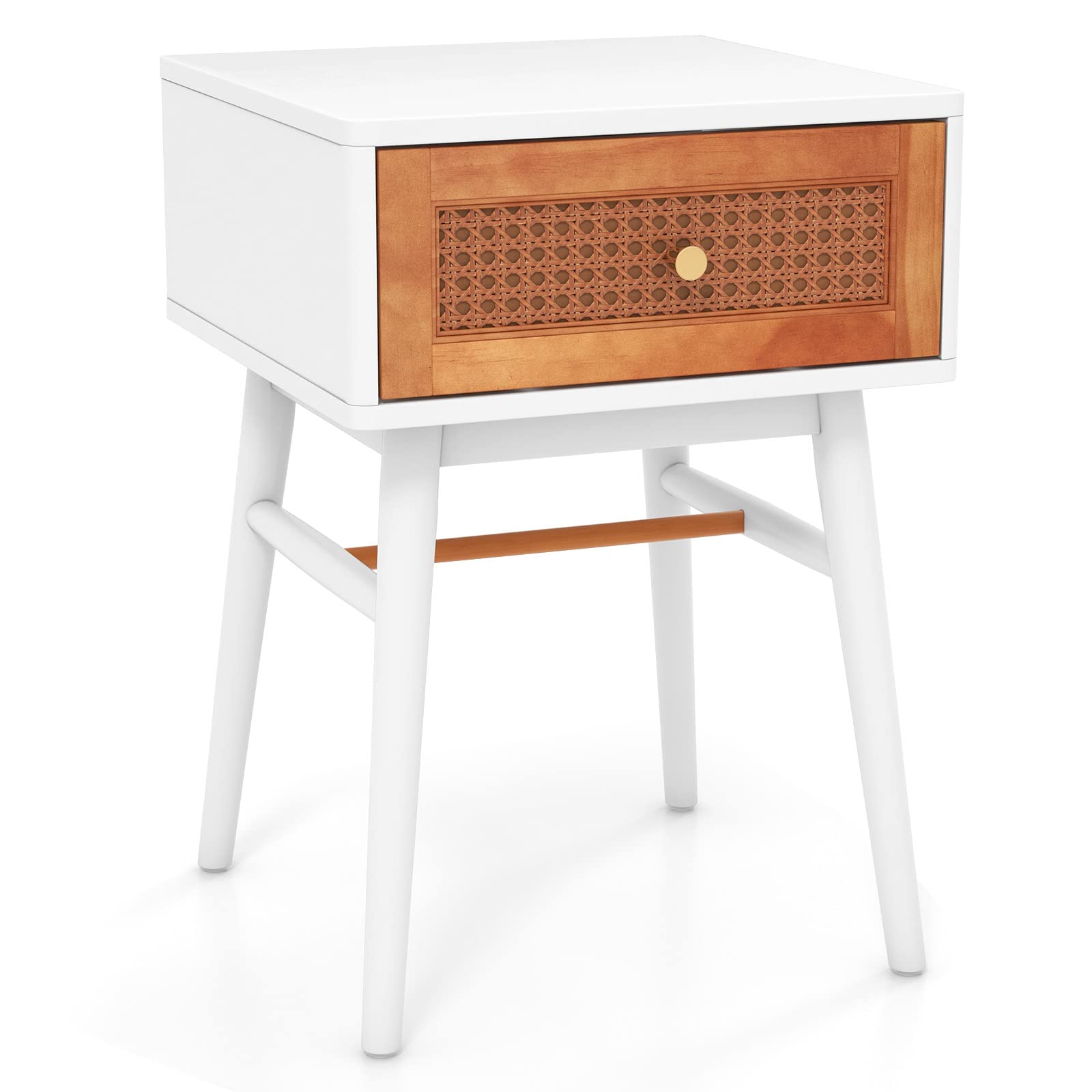 Giantex Rattan Nightstand, Boho End Side Table with Rattan Decorated Storage Drawer & Solid Wood Legs, Mid-century Modern Bedsid