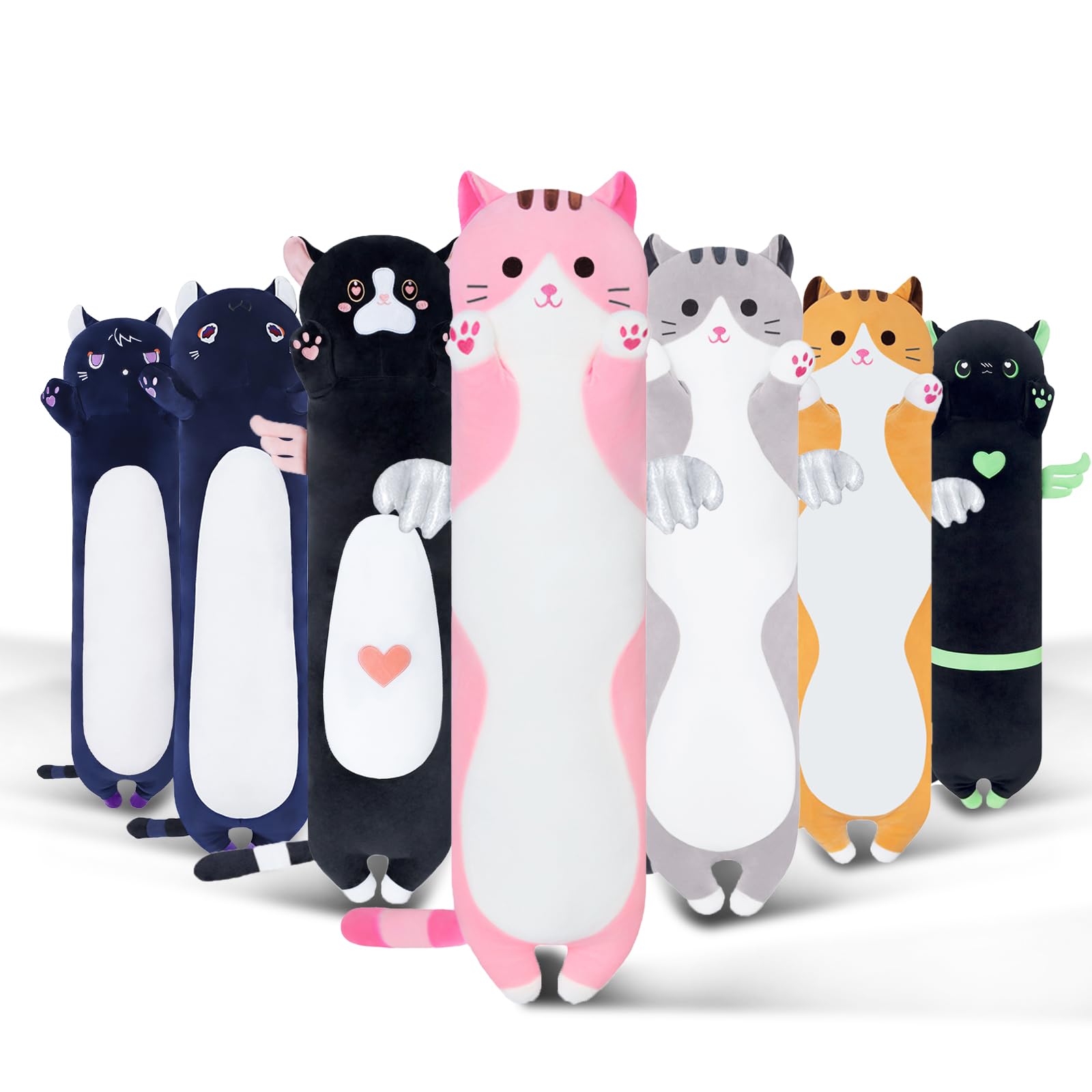 Sausudols Long Cat Plush Body Pillow, Cute Cat Plush Toy Pillows with Wings, Stuffed Animals Kitten Soft Plushies Gifts for Kids