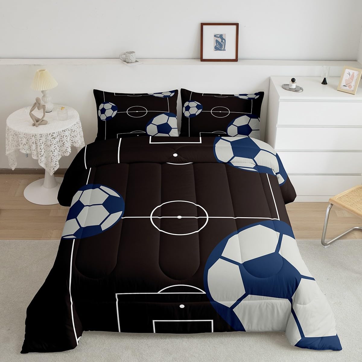 jejeloiu Football Comforter Set Queen Size Kids Football Court Comforter for Boys Girls Teens Soccer Ball Pattern Bedding Set Br