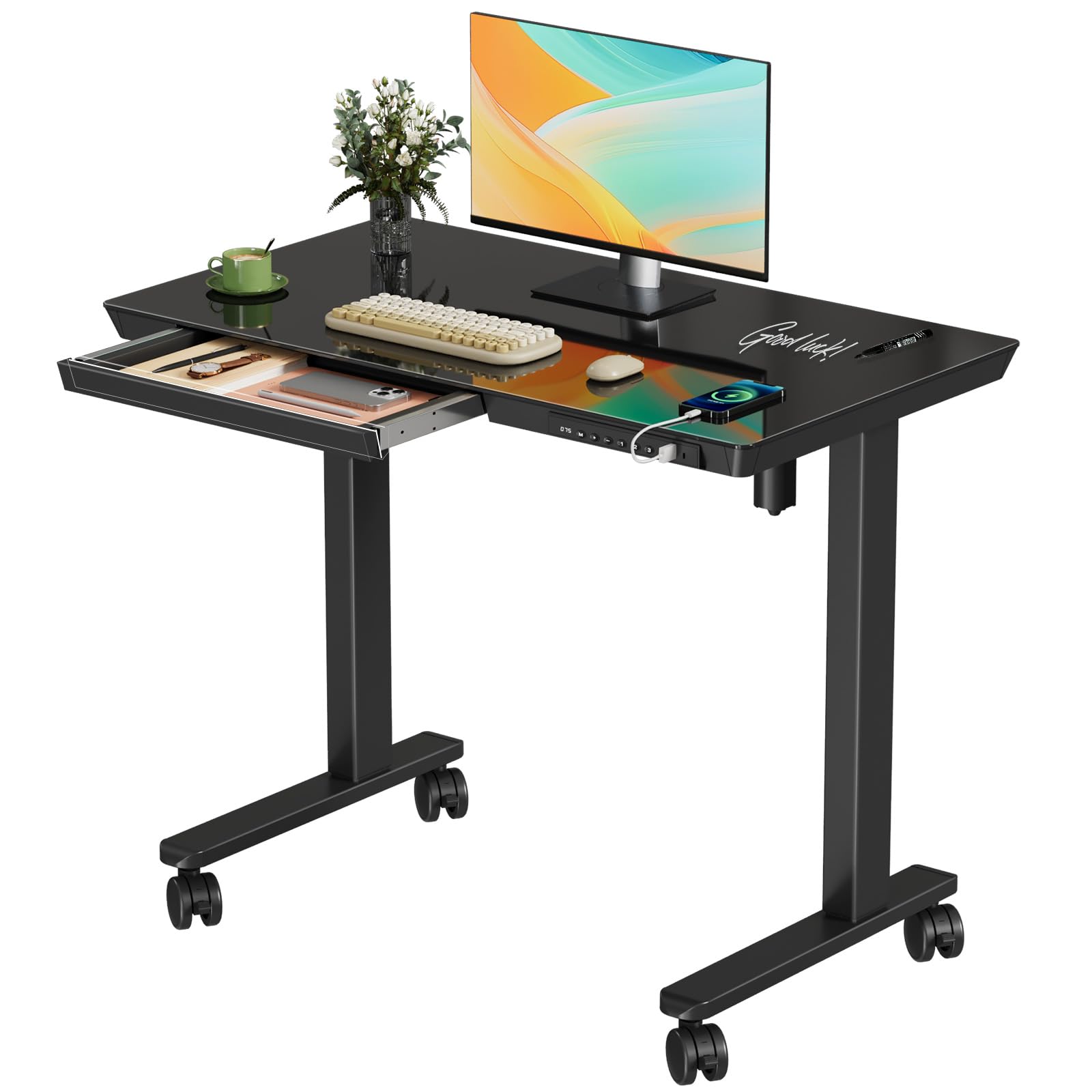 JYLH JOYSEEKER Glass Small Standing Desk with Drawer, 35 x 20 Whole Piece Tabletop Electric Sit Stand Table, Height Adjustable W