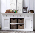 NovaSolo Halifax Pure White Mahogany Wood Sideboard Dining Buffet With Storage, 4 Drawers And 4 Rattan Baskets