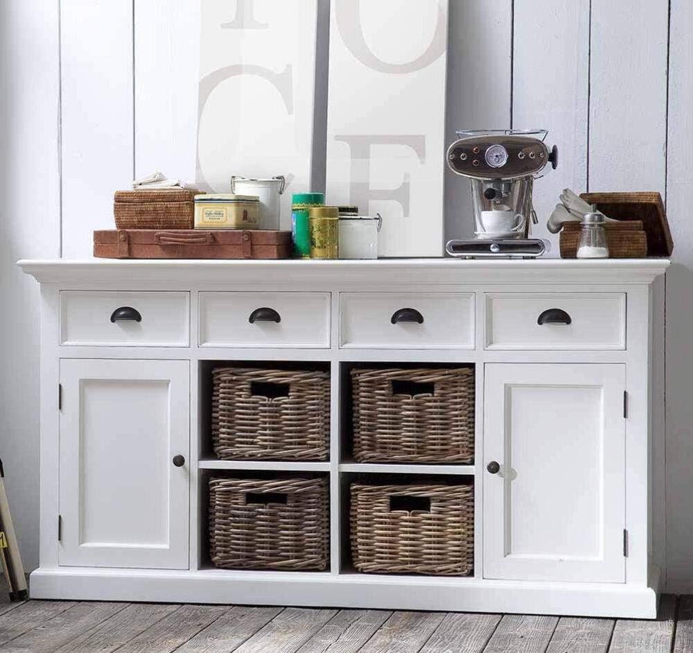 NovaSolo Halifax Pure White Mahogany Wood Sideboard Dining Buffet With Storage, 4 Drawers And 4 Rattan Baskets