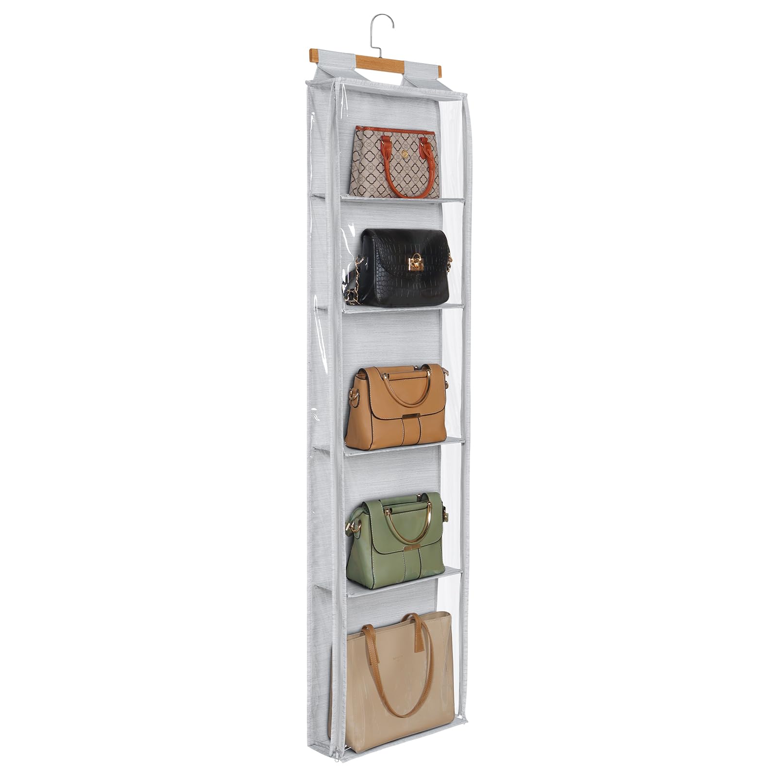 Syeeiex Hanging Handbag Purse Organizer with Zippers, 5 Mesh Shelves,Clear Slubbed Fabric+PVC Hanging Closet Bag Organizer, Dust