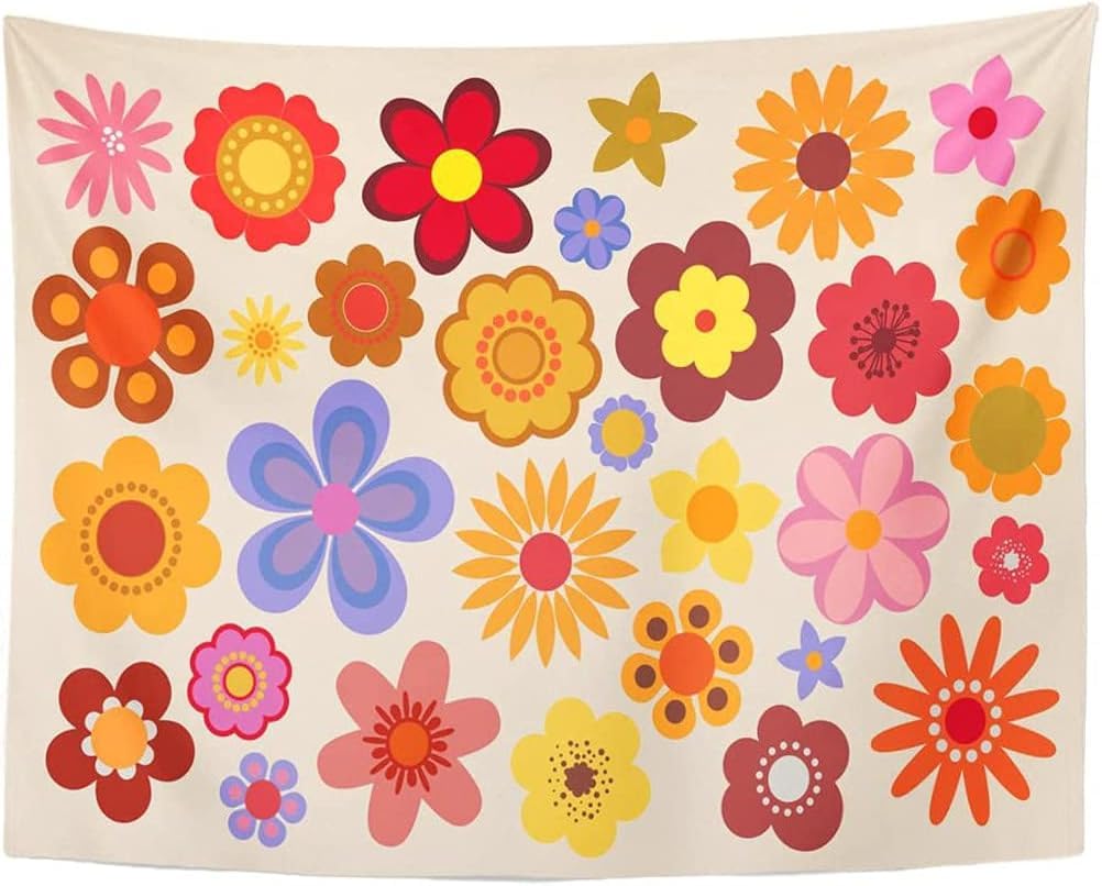 TOMPOP Tapestry Green 1960 Vintage Flowers 60S 70S Orange Hippie Home Decor Wall Hanging for Living Room Bedroom Dorm 60x80 Inch