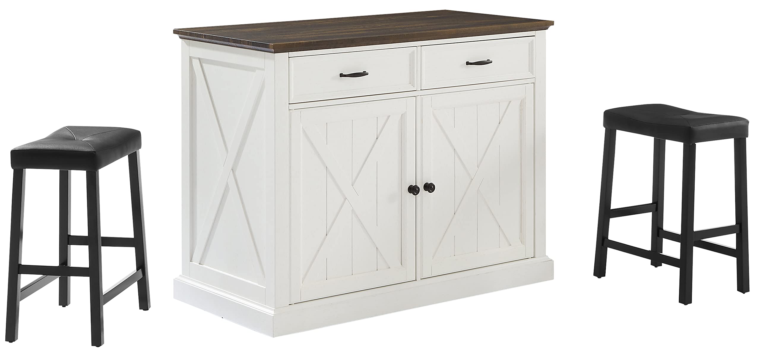 Crosley Furniture Clifton Kitchen Storage Island, Microwave Stand, Coffee Bar and Set of 2 Upholstered Saddle Stools, Distressed