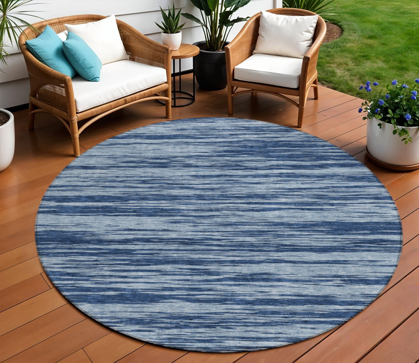 8 Blue And Navy Blue Round Abstract Washable Indoor Outdoor Area Rug