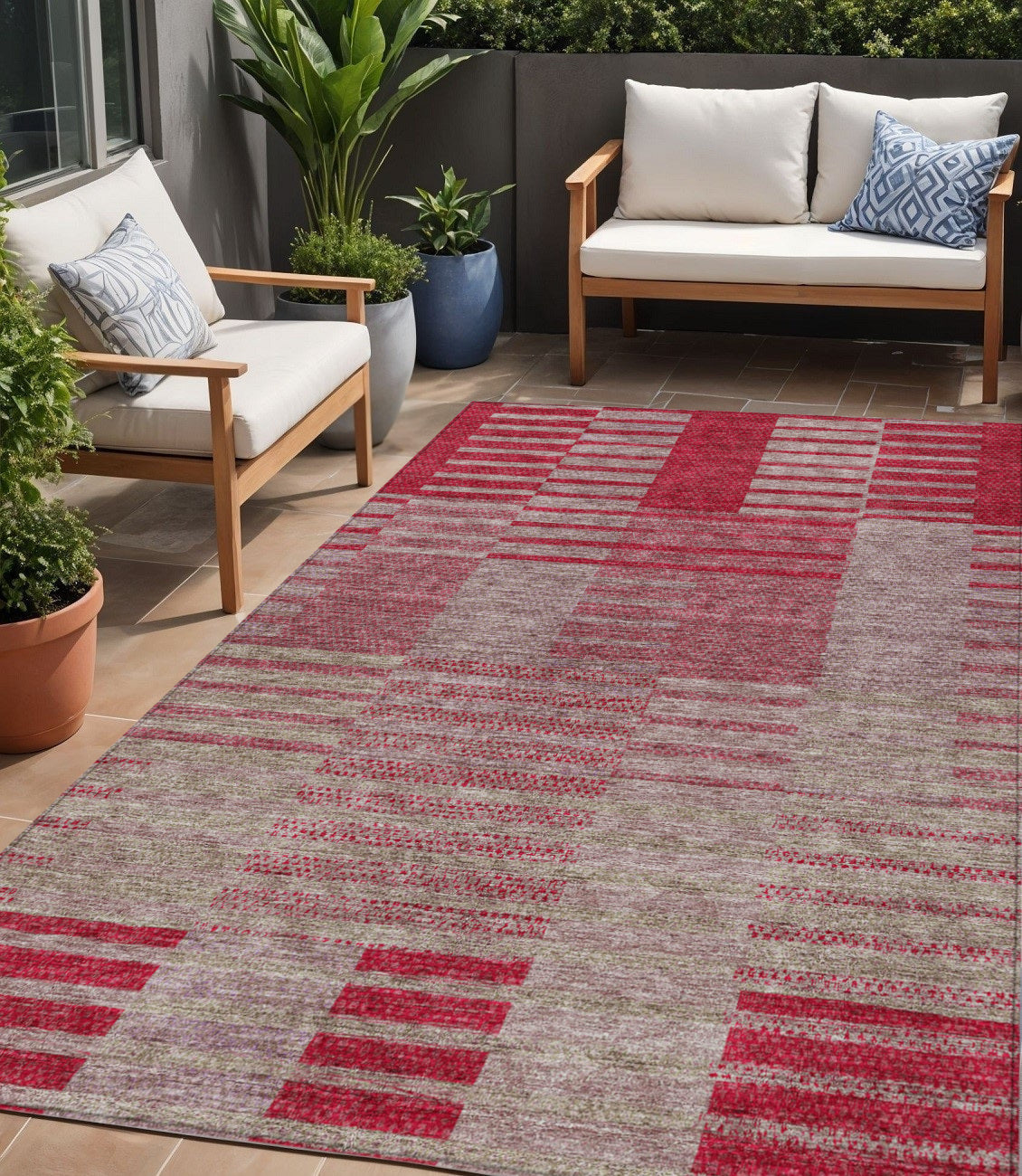5 X 8 Burgundy Pink And Blush Striped Washable Indoor Outdoor Area Rug