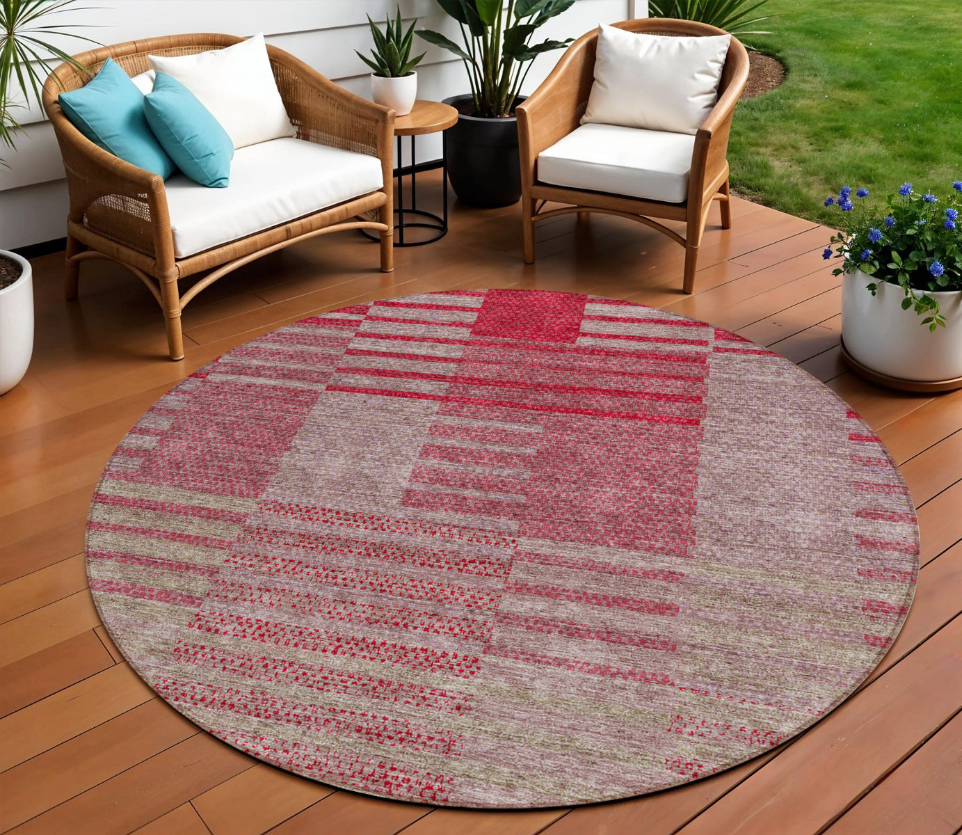 8 Burgundy Pink And Blush Round Striped Washable Indoor Outdoor Area Rug