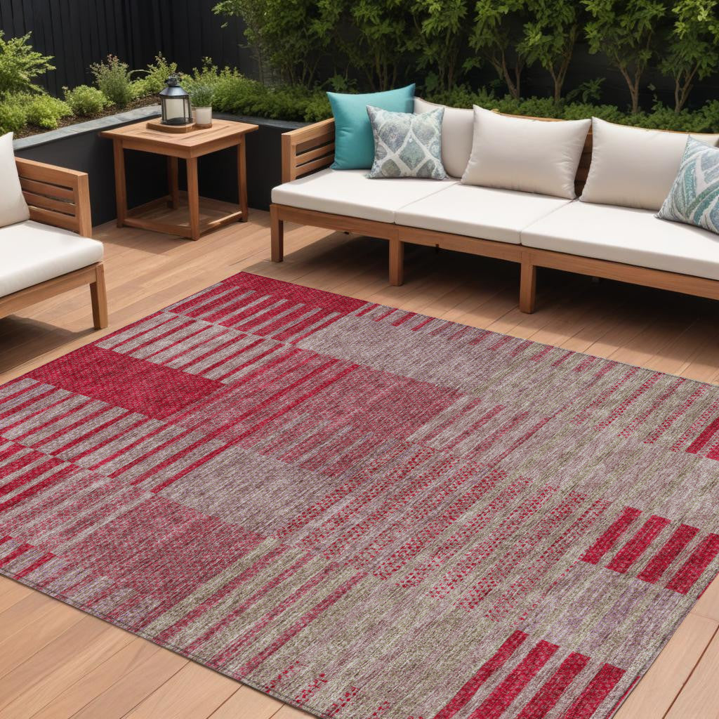 8 X 10 Burgundy Pink And Blush Striped Washable Indoor Outdoor Area Rug