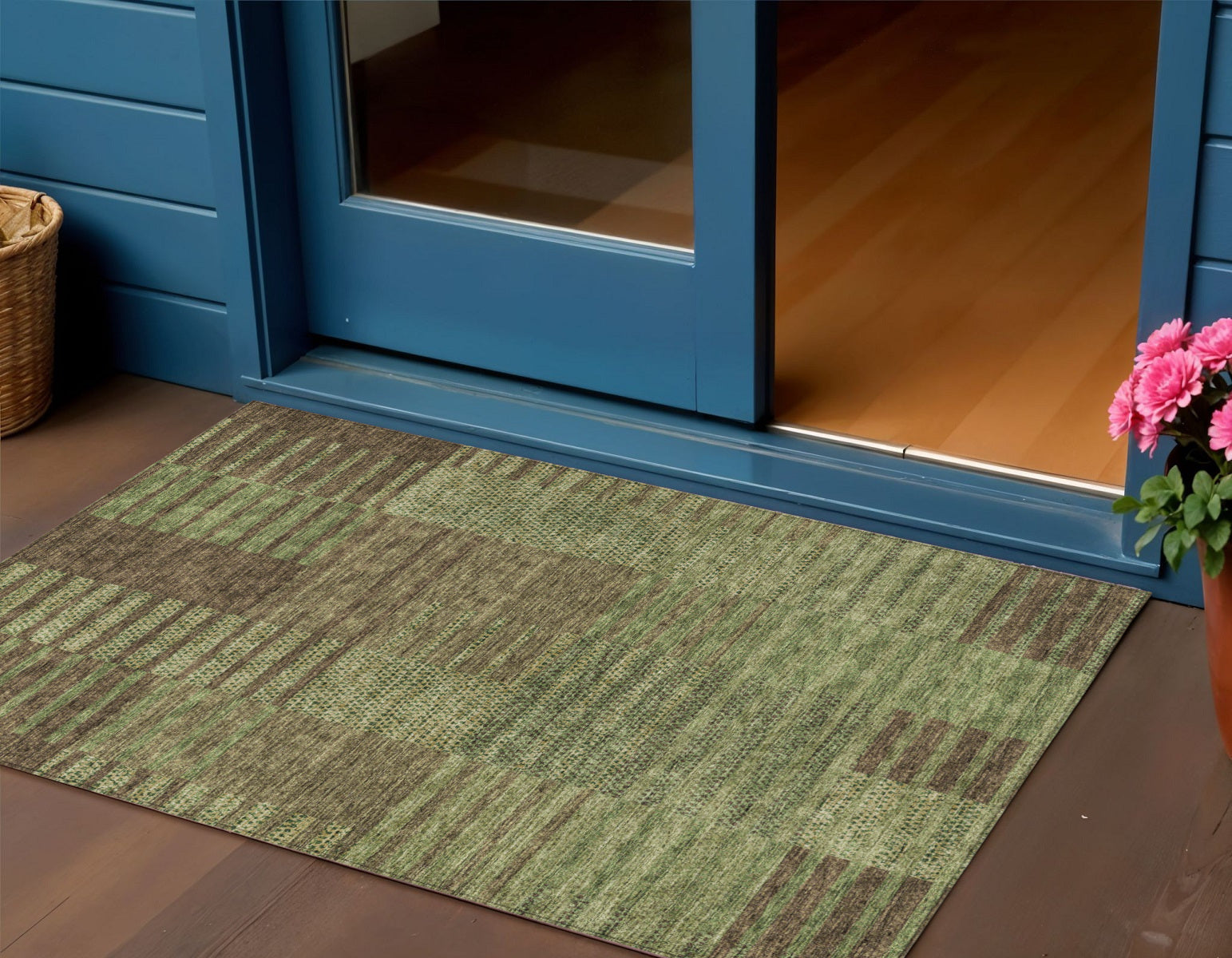 3 X 5 Brown Taupe And Green Striped Washable Indoor Outdoor Area Rug