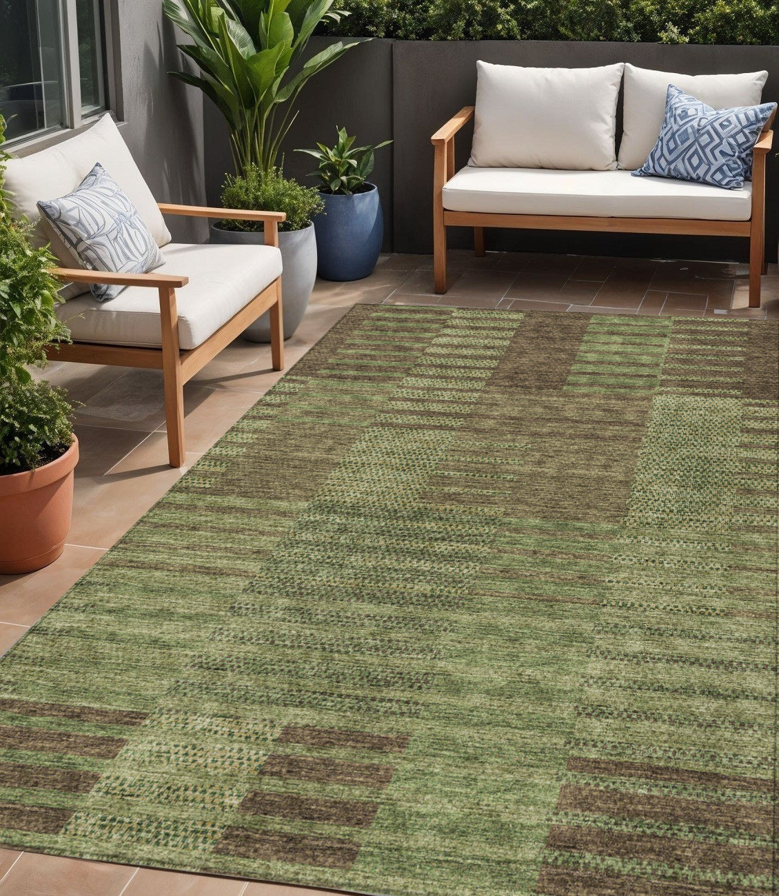 5 X 8 Brown Taupe And Green Striped Washable Indoor Outdoor Area Rug