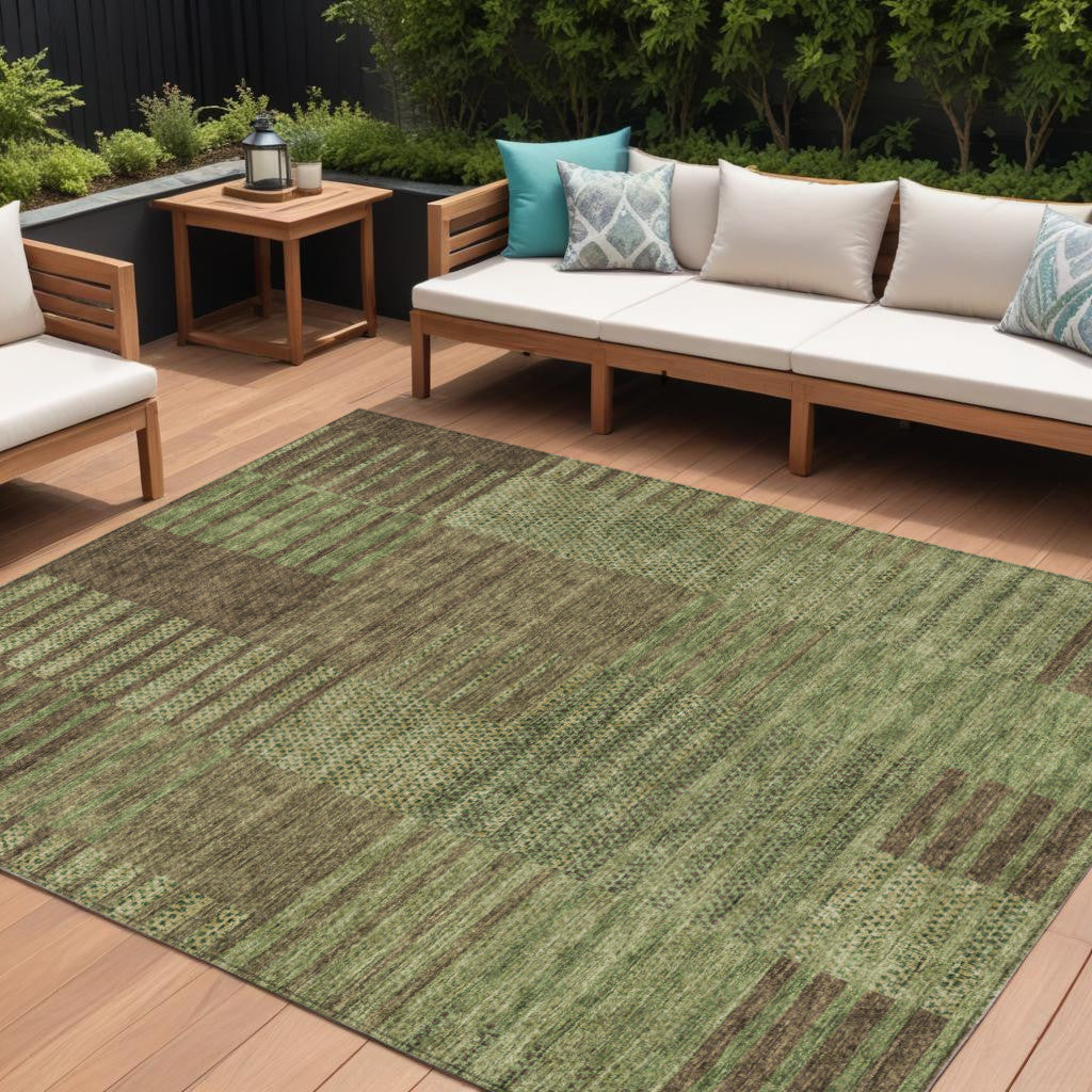 10 X 14 Brown Taupe And Green Striped Washable Indoor Outdoor Area Rug