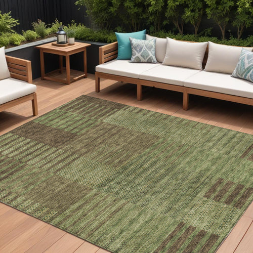 10 X 14 Brown Taupe And Green Striped Washable Indoor Outdoor Area Rug