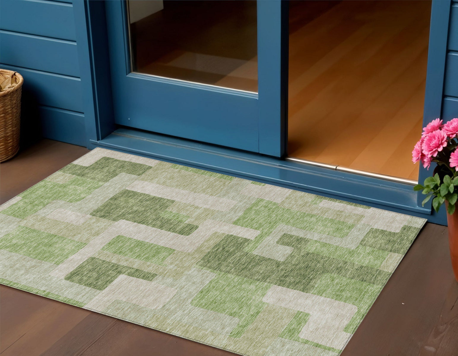 3 X 5 Green Sage And Beige Geometric Washable Indoor Outdoor Area Rug