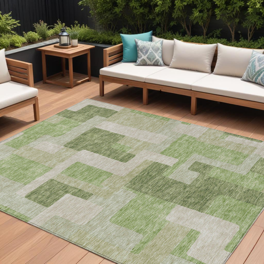 10 X 14 Green Sage And Beige Geometric Washable Indoor Outdoor Area Rug