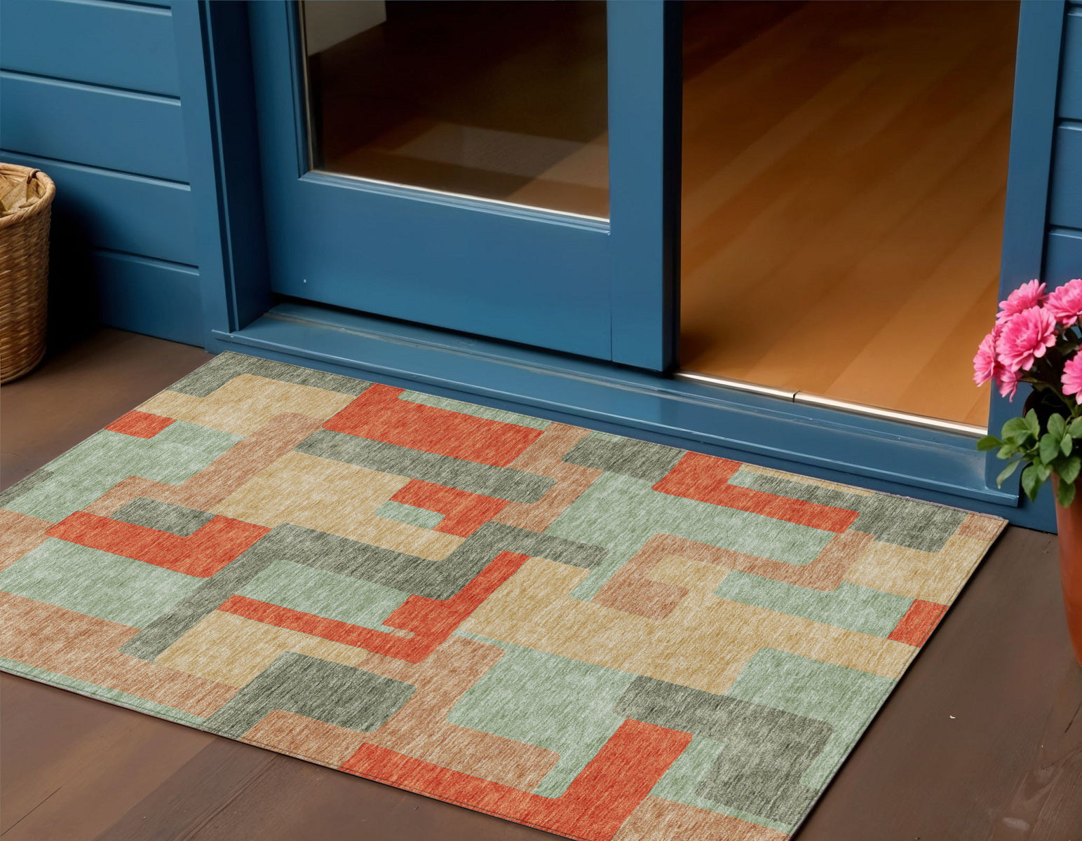 3 X 5 Sage Gray And Orange Geometric Washable Indoor Outdoor Area Rug