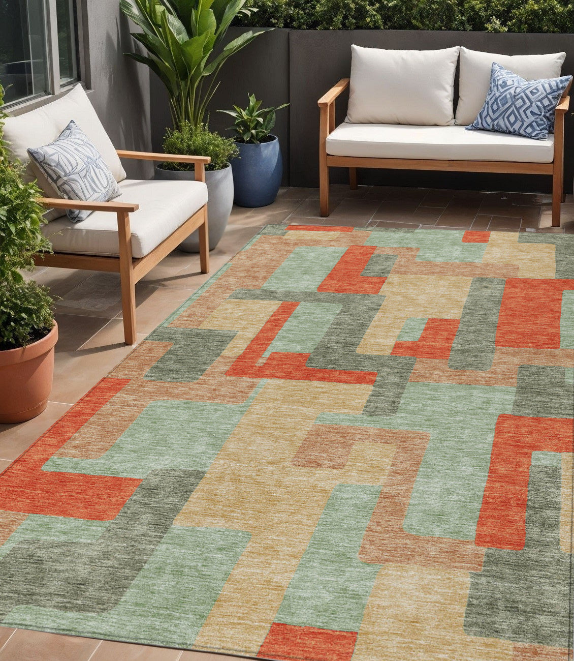 5 X 8 Sage Gray And Orange Geometric Washable Indoor Outdoor Area Rug