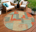 8 Sage Gray And Orange Round Geometric Washable Indoor Outdoor Area Rug