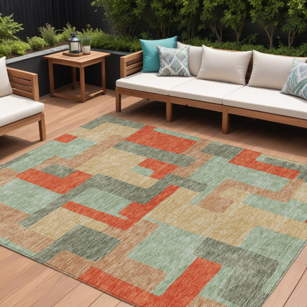 8 X 10 Sage Gray And Orange Geometric Washable Indoor Outdoor Area Rug