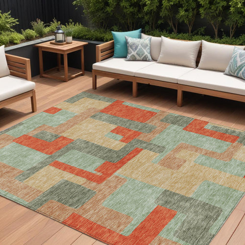10 X 14 Sage Gray And Orange Geometric Washable Indoor Outdoor Area Rug