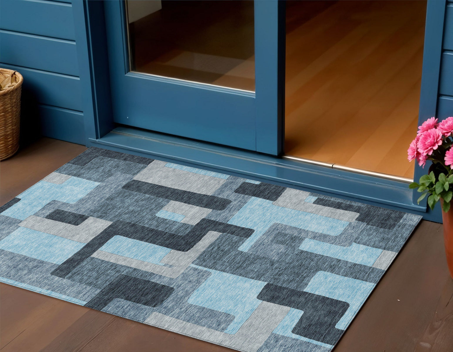 3 X 5 Sky Blue Denim Blue And Gray Geometric Washable Indoor Outdoor Area Rug