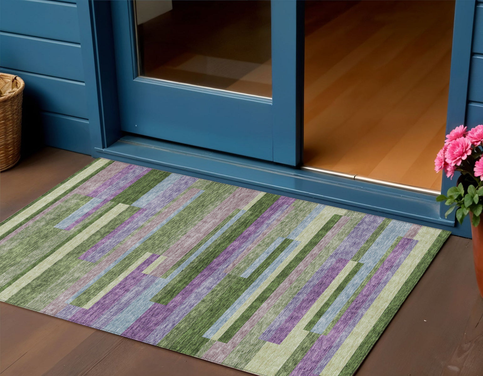 3 X 5 Moss Green Olive Green And Purple Striped Washable Indoor Outdoor Area Rug