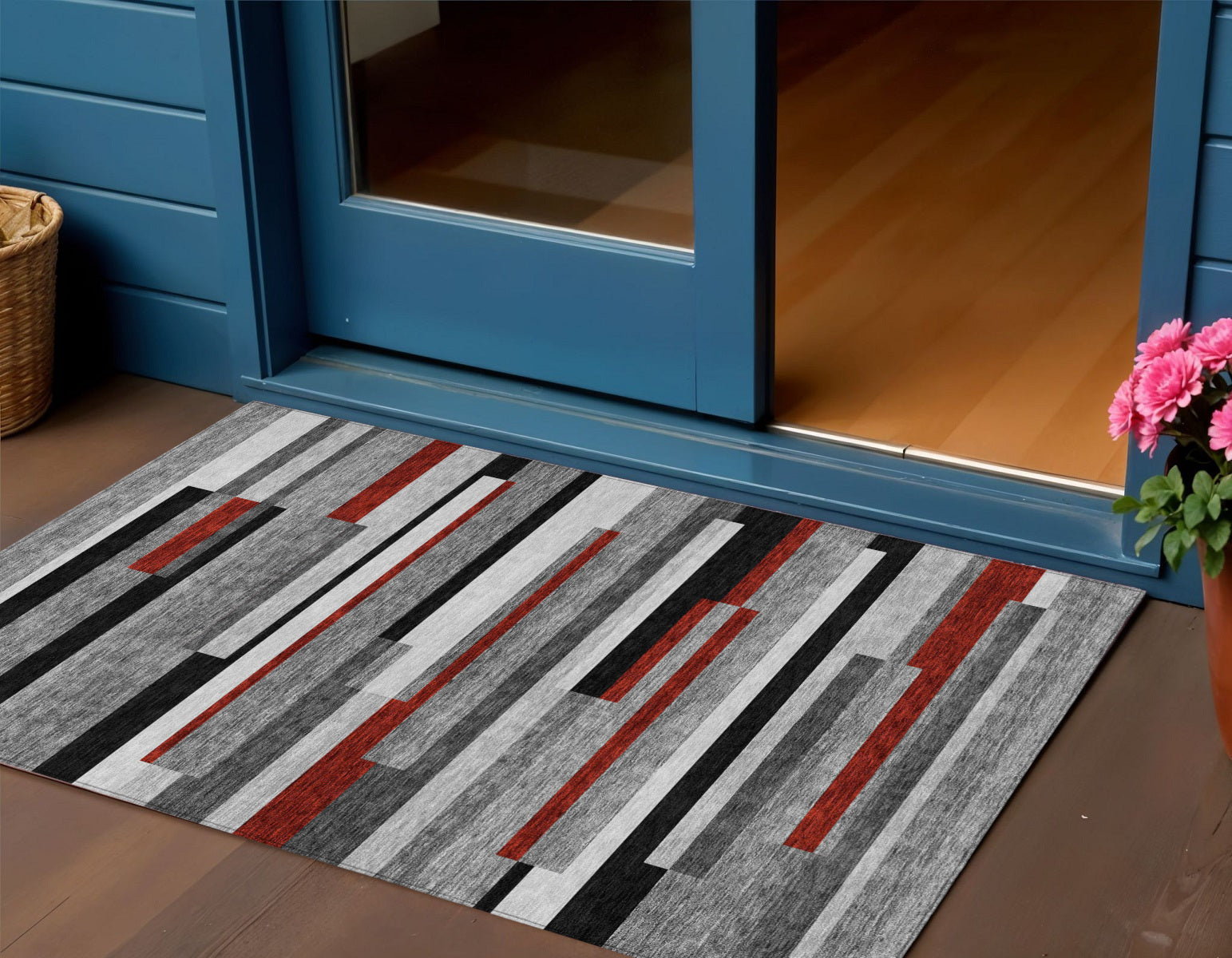 3 X 5 Gray Black And Red Striped Washable Indoor Outdoor Area Rug
