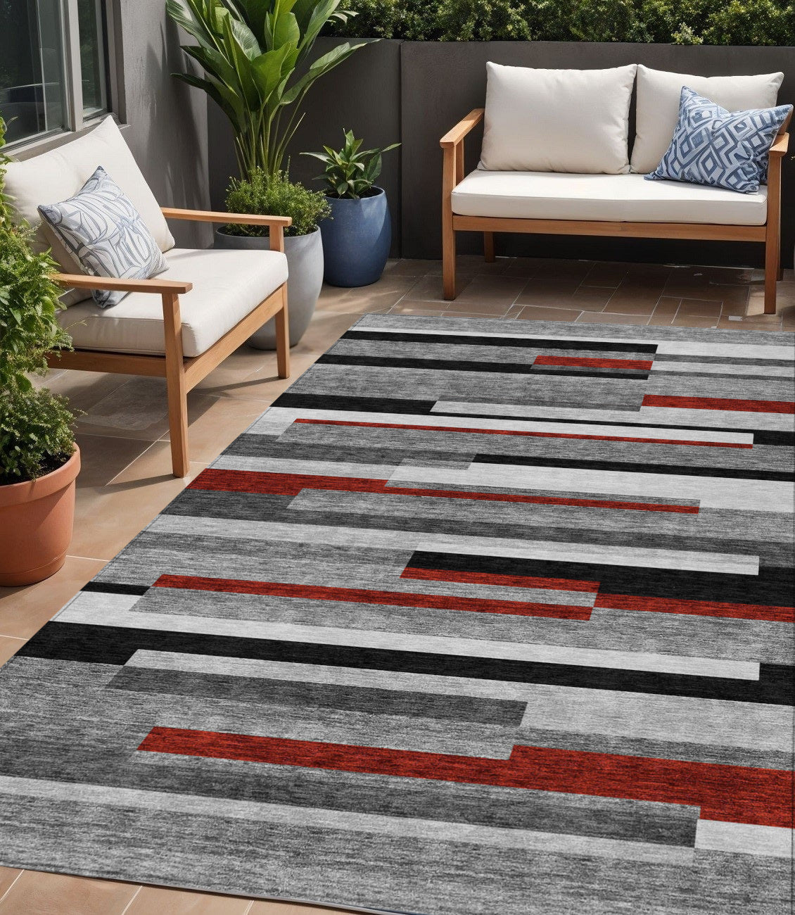 5 X 8 Gray Black And Red Striped Washable Indoor Outdoor Area Rug