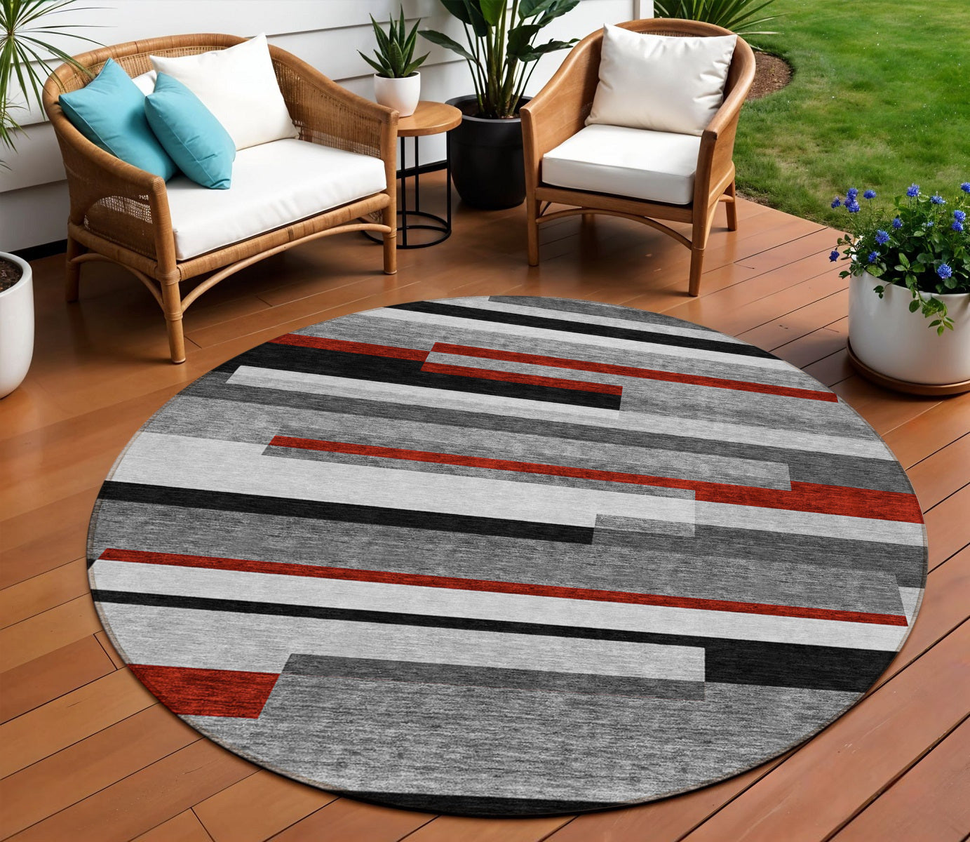8 Gray Black And Red Round Striped Washable Indoor Outdoor Area Rug