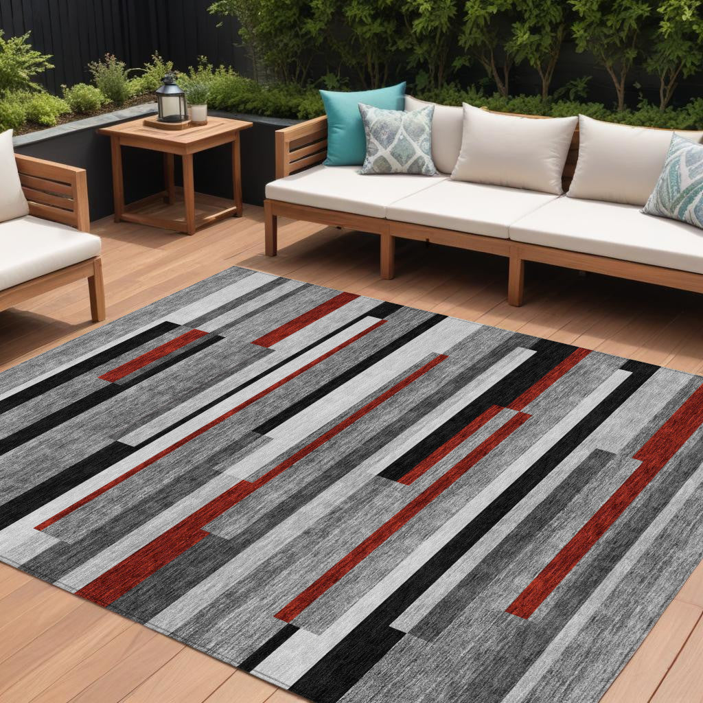 9 X 12 Gray Black And Red Striped Washable Indoor Outdoor Area Rug