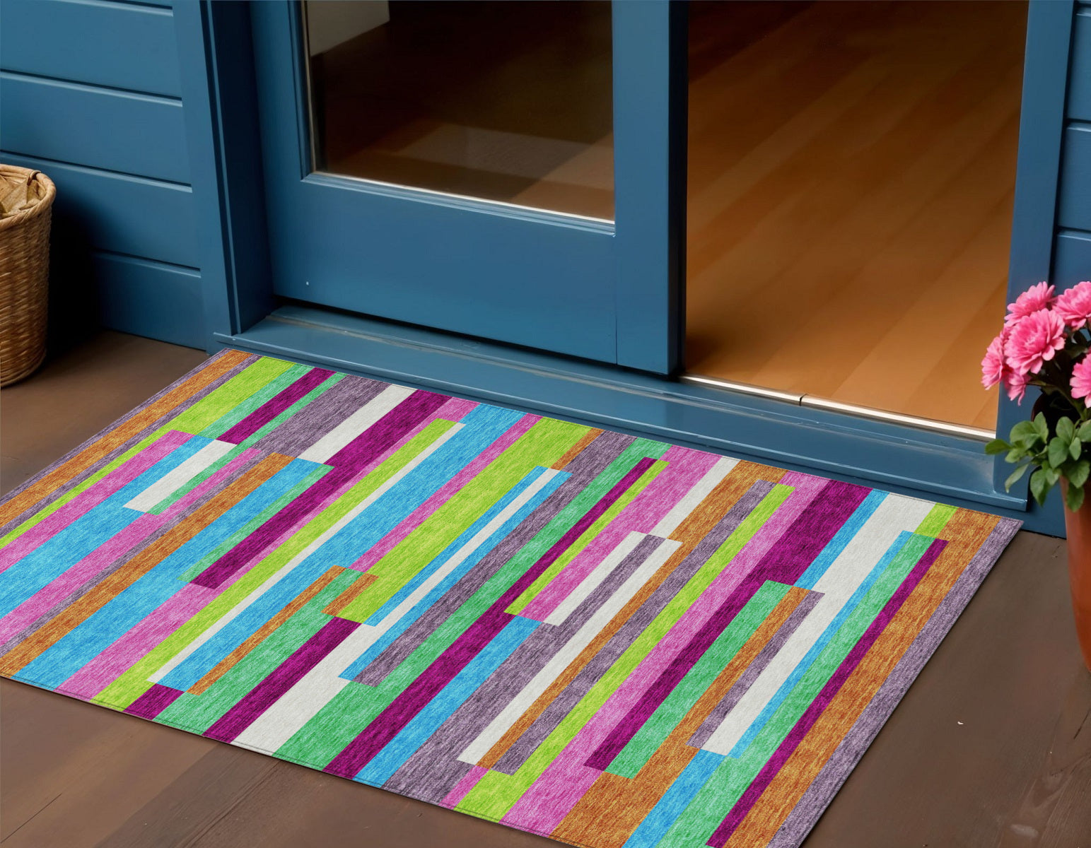 3 X 5 Lavender Orange And Lime Green Striped Washable Indoor Outdoor Area Rug